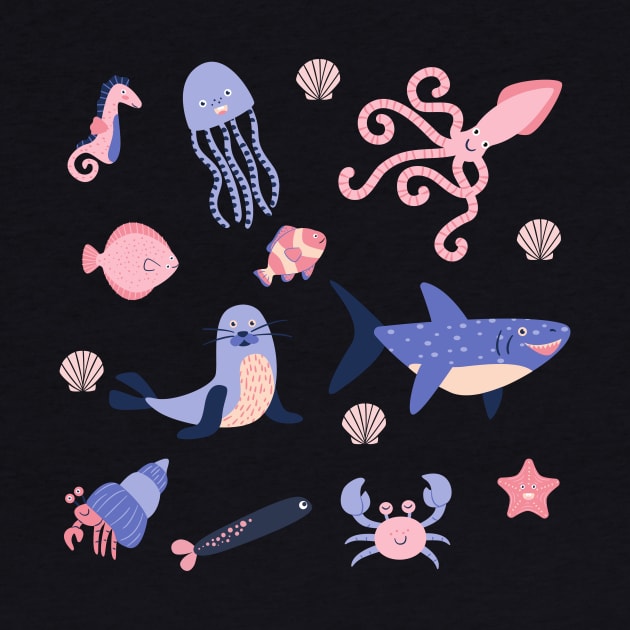 Cute sea animals underwater shark octopus seahorse happy and adorable by From Mars